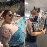 two pictures of a woman in a gym with tattoos