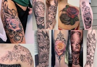 a variety of rose tattoos on a woman's sleeve